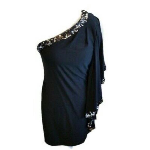 NWT BEAUTIFUL Black Silver One Shoulder Batwing Cocktail Formal Dress Size 6 - Picture 1 of 13